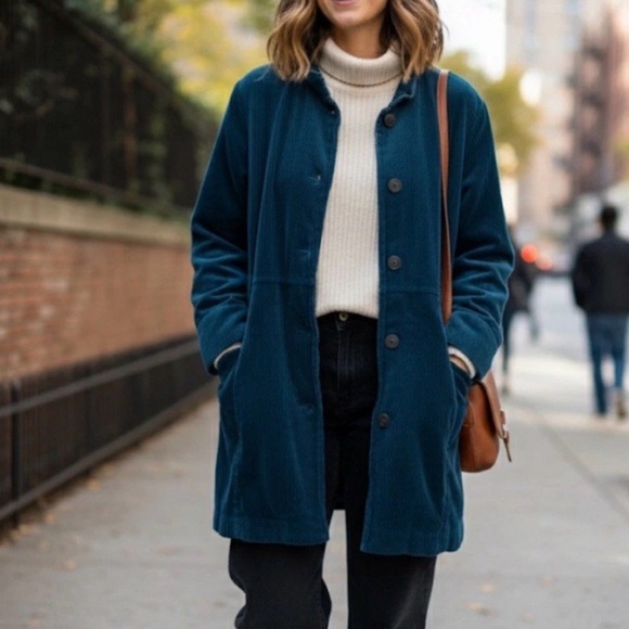 Coat J. JILL Jacket Corduroy Teal Blue Green Cotton Velvet Size Small Petite SP - Picture 2 of 13